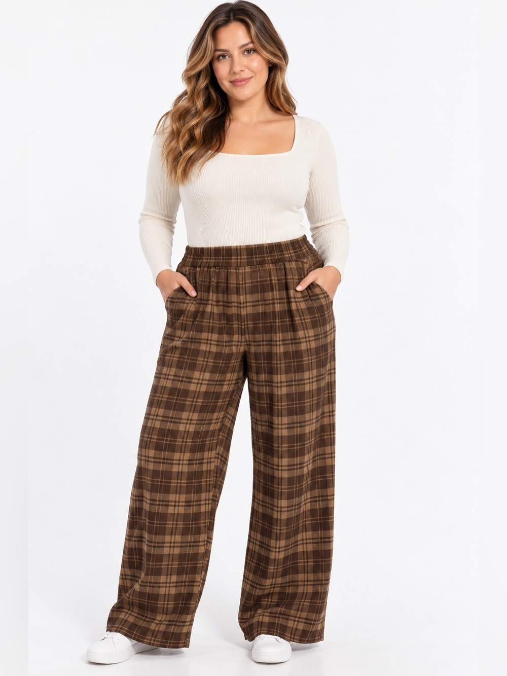 Brown Plaid Relaxed Fit wide leg Pants